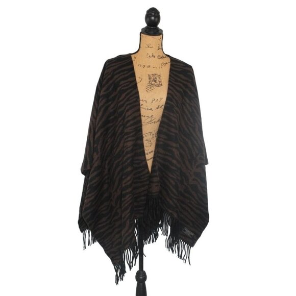 Cashmere Touch Cape Cardigan O/S Brown Zebra Print Open Front Fringe Winter Warm - Picture 1 of 5